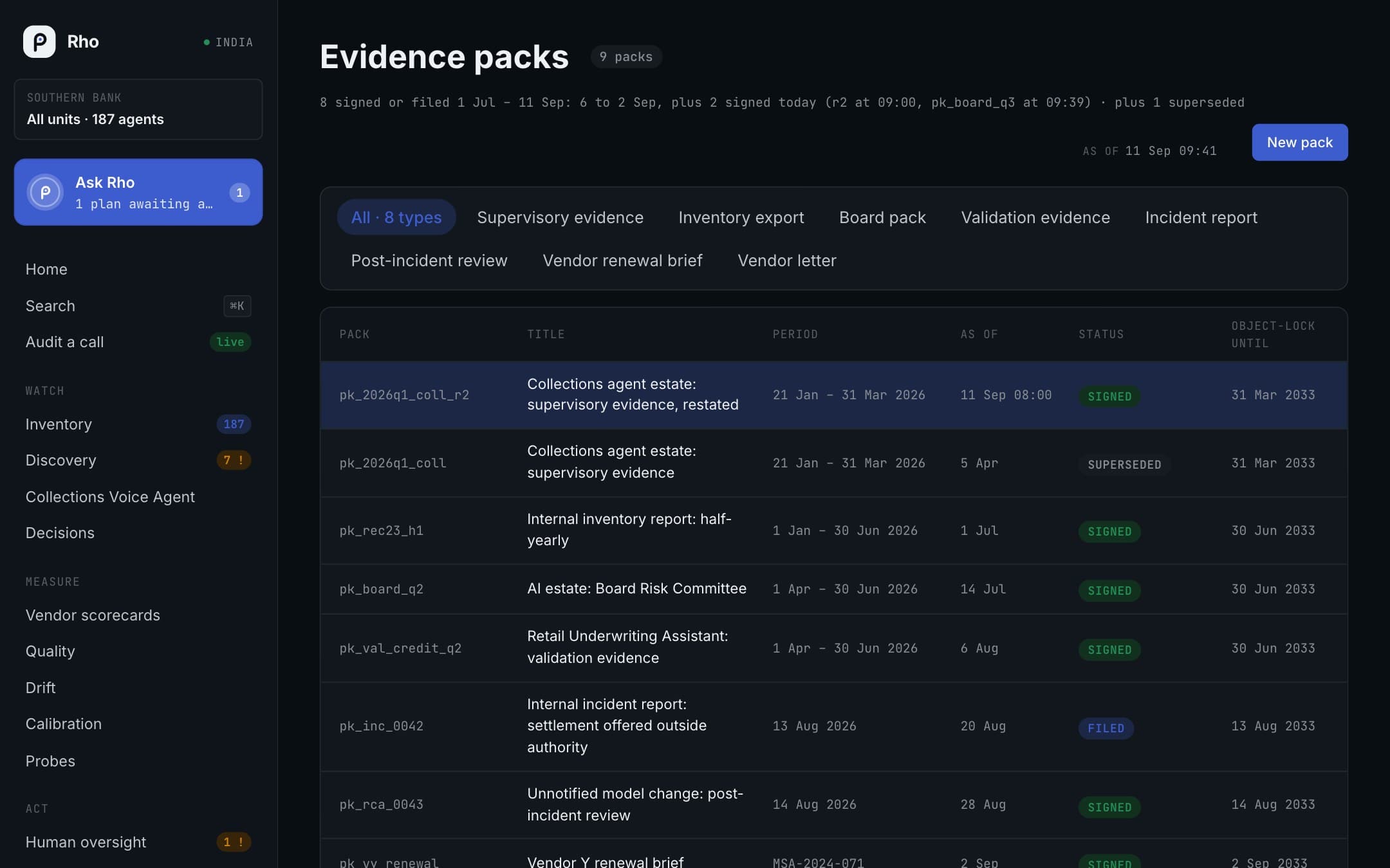Rho evidence packs: signed, object-locked packs and the log of who read them