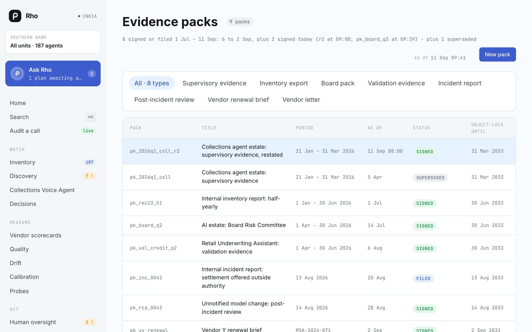 Rho evidence packs: signed, object-locked packs and the log of who read them
